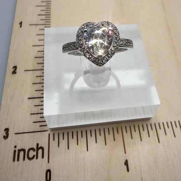 Silver Heart Cut Stone Ring with Pave Detailing Adjustable - Picture 12 of 14